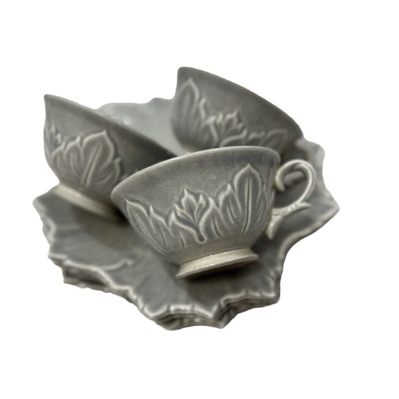 6 Vintage Woodfield by Steubenville Snack Sets Leaf Plates Cups 3 Gray 3 Green - Picture 5 of 10